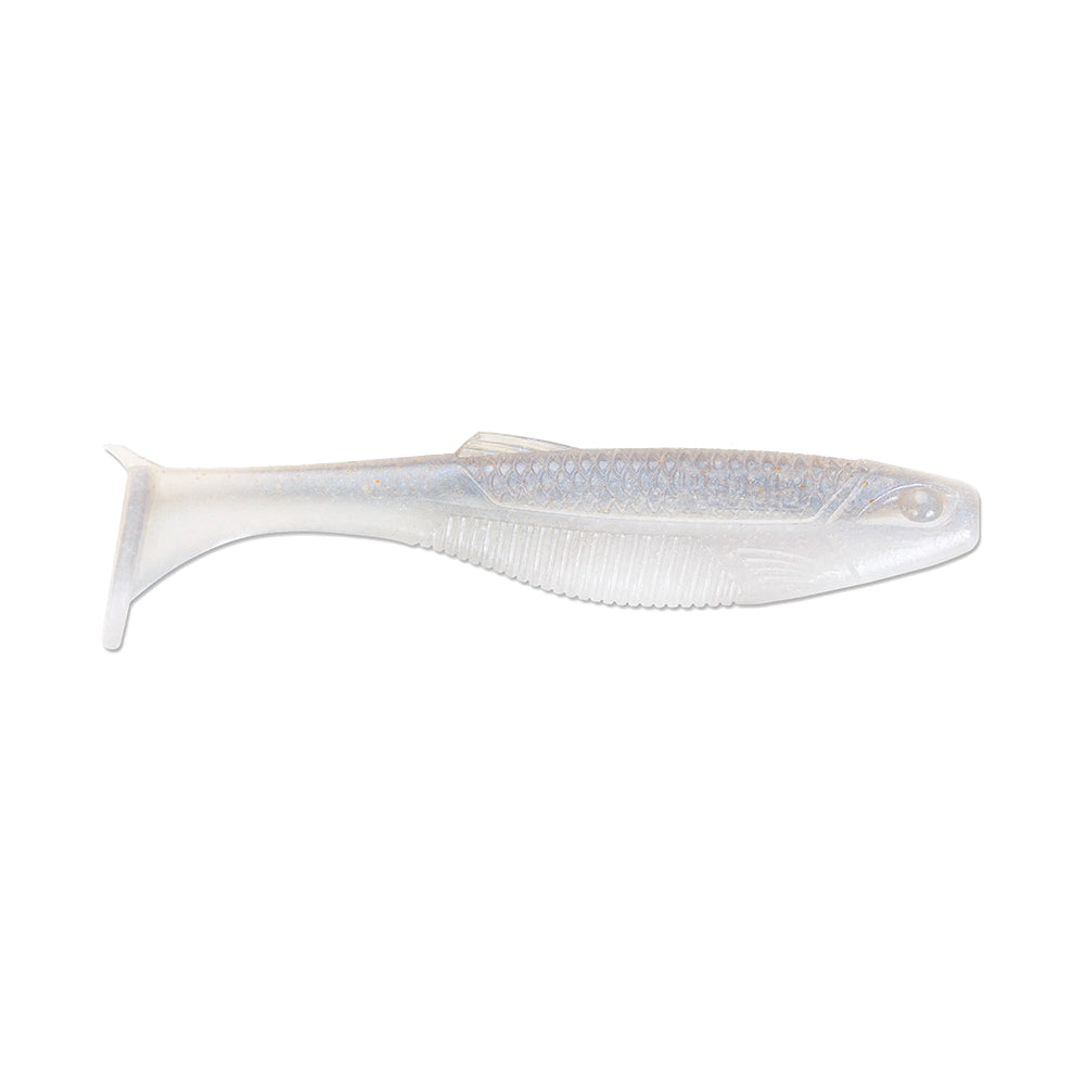 The Rapala Crush City The Mayor Swimbait is a translucent, soft plastic bait with a streamlined fish shape and paddle tail. It boasts textured scales and a subtle rainbow sheen, making it ideal for catching big bass.