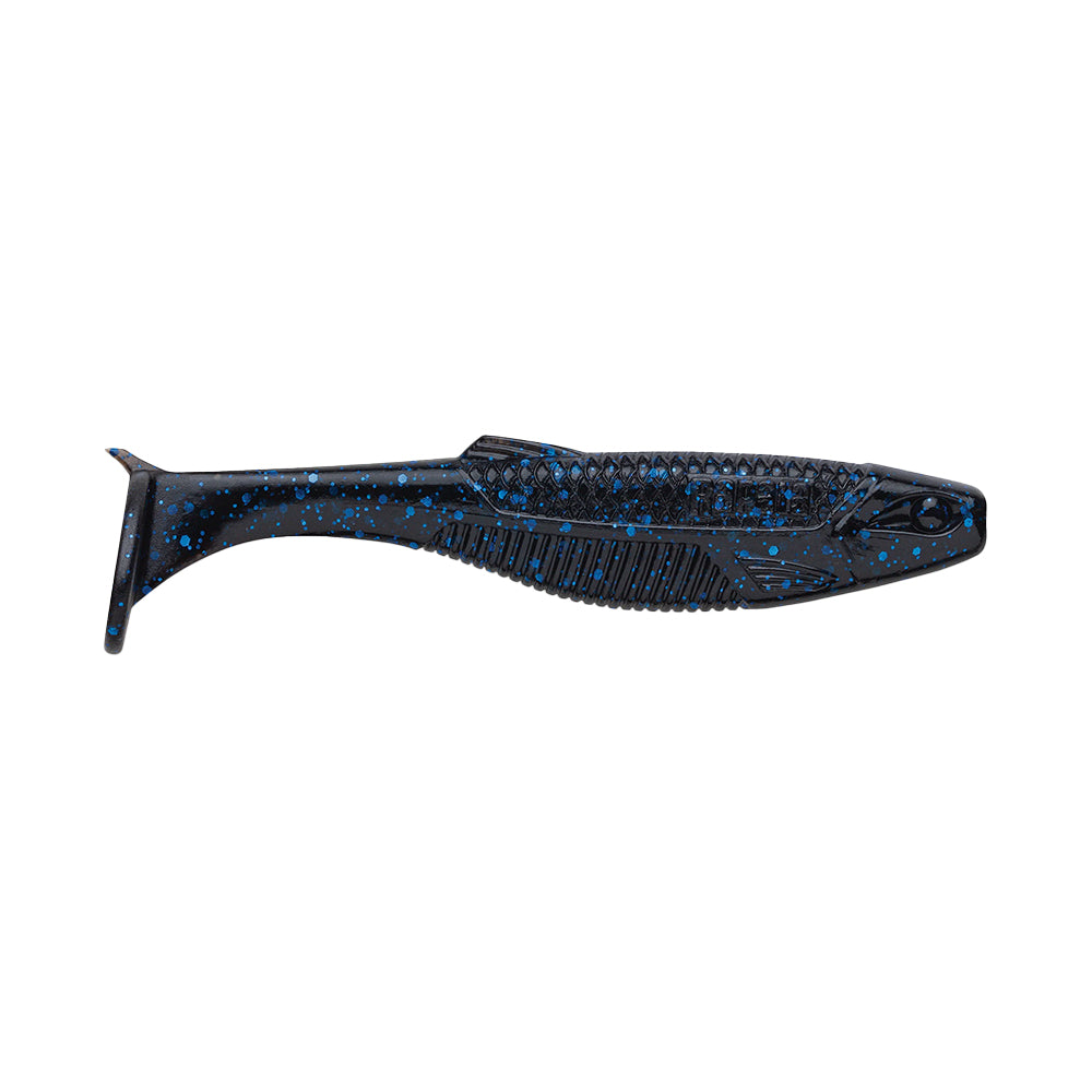 The Rapala Crush City The Mayor Swimbait, featuring a black and blue speckled design with ribbed sides and a paddle tail, is a soft plastic lure ideal for attracting big bass in both freshwater and saltwater.