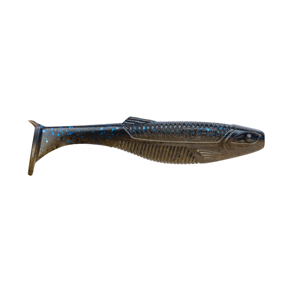 The Rapala Crush City The Mayor Swimbait is a black and blue speckled soft plastic lure with a paddle tail, designed to mimic a small fish. Featuring scale-like details and gills, its streamlined body is perfect for attracting big bass during fishing adventures.