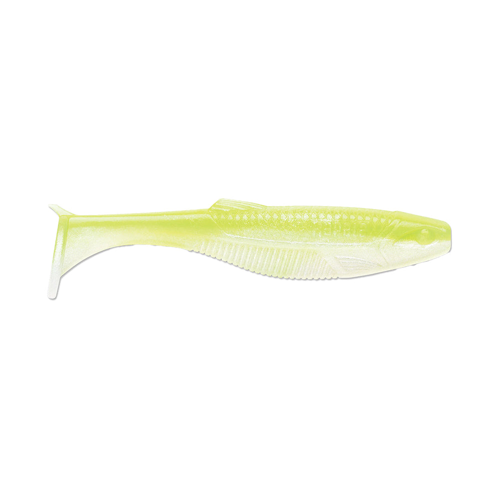 The Rapala Crush City The Mayor Swimbait is a light green, soft plastic lure shaped like a fish with a paddle tail. Featuring textured scales and fins for realism, it is ideal for attracting big bass.