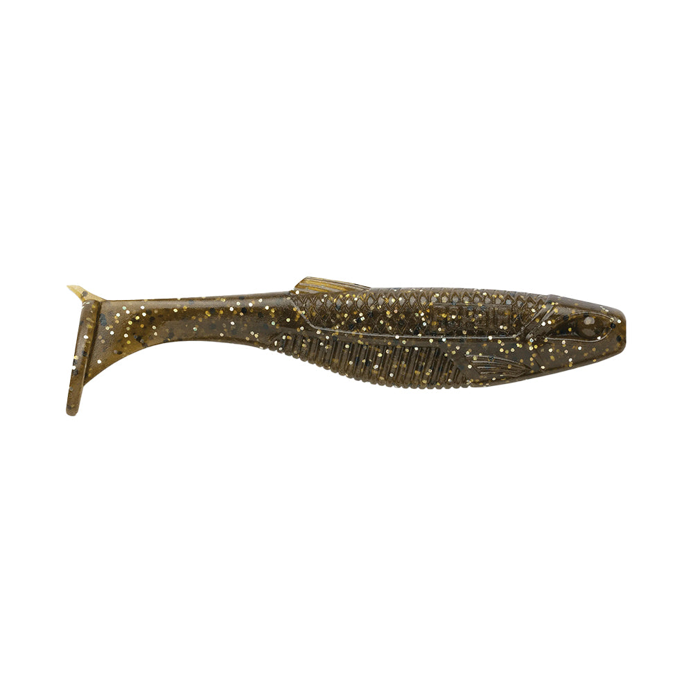 The Rapala Crush City The Mayor Swimbait, by Rapala, is a soft plastic bait shaped like a fish with a paddle tail. Its dark olive green color with golden speckles and textured scales and fins make it ideal for attracting big bass.
