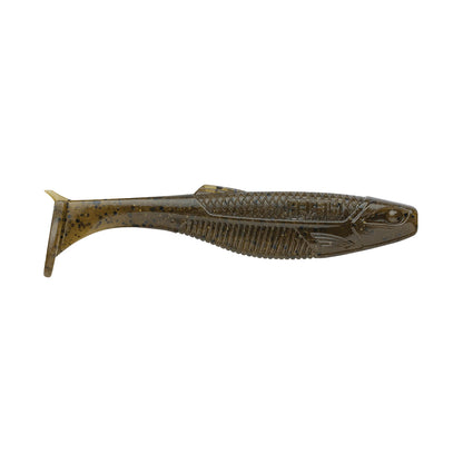 The Rapala Crush City The Mayor Swimbait is a green and brown speckled soft plastic lure shaped like a small fish, featuring a ribbed body and paddle tail, expertly crafted to mimic fish movement and entice big bass.