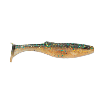 The Rapala Crush City The Mayor Swimbait, by Rapala, is a captivating plastic fishing lure shaped like a small fish. It features a transparent body with gold, green, and blue glitter for shimmer and has a paddle tail that mimics realistic movement to attract big bass.