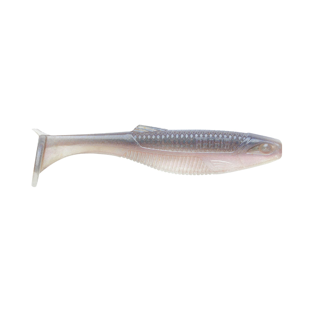 The Rapala Crush City The Mayor Swimbait by Rapala is a realistic, translucent soft plastic swimbait with a fish shape, detailed body, and paddle tail. It features a silvery color gradient with hints of purple and blue to imitate baitfish for attracting big bass.