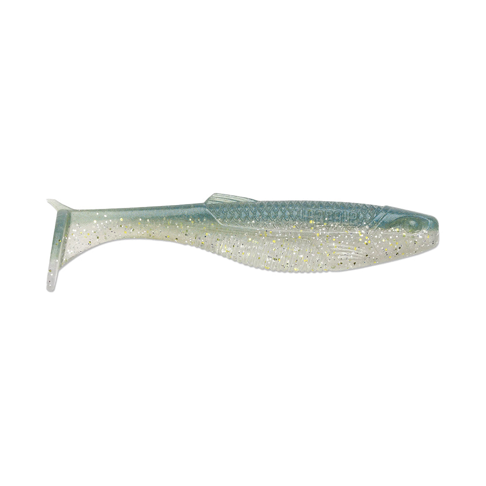The Rapala Crush City The Mayor Swimbait by Rapala is a lifelike, soft plastic bait resembling a fish. It features a dark green-to-white gradient and shiny gold flakes, with an enticing paddle tail action perfect for attracting big bass.