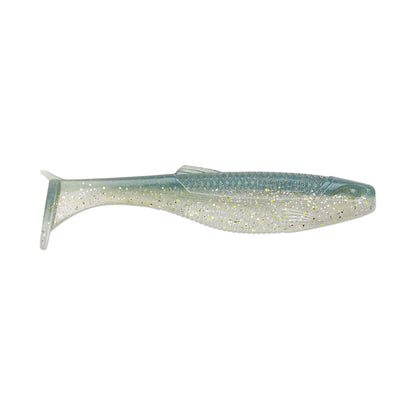 The Rapala Crush City The Mayor Swimbait by Rapala is a lifelike, soft plastic bait resembling a fish. It features a dark green-to-white gradient and shiny gold flakes, with an enticing paddle tail action perfect for attracting big bass.