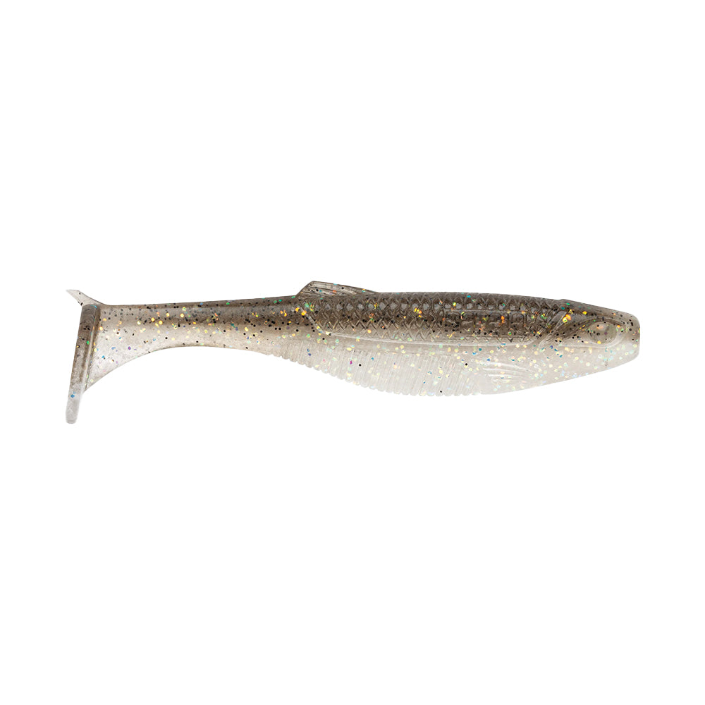 The Rapala Crush City The Mayor Swimbait is a soft, transparent plastic lure shaped like a small fish with a paddle tail. Featuring a glittery surface with black speckles, it's expertly crafted by Rapala to attract big bass and other fish.