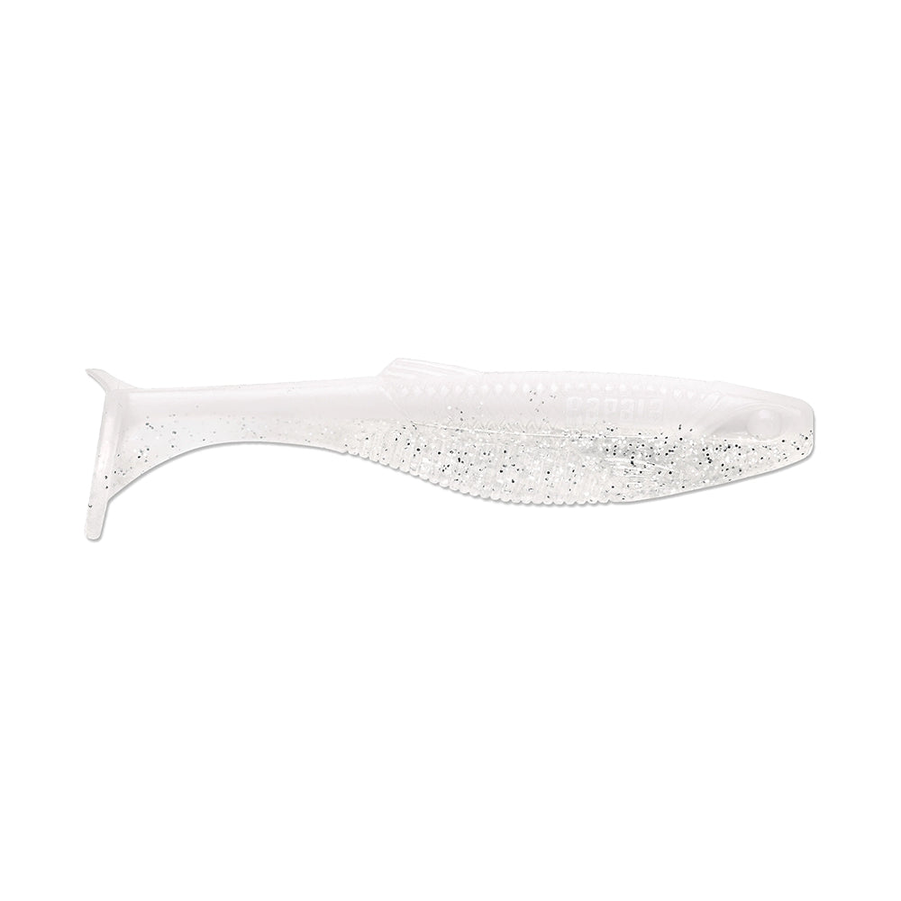 The Rapala Crush City The Mayor Swimbait is a clear, soft plastic lure with silver glitter, shaped like a small fish, and features a paddle tail to attract big bass.