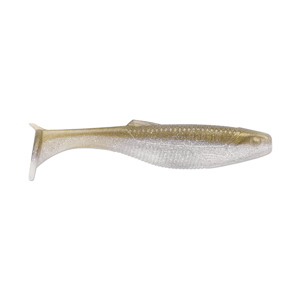 The Rapala Crush City The Mayor Swimbait is a transparent, sparkly fish-shaped lure with a gold tint and paddle tail. It features textured body details and comes without hooks, designed to attract big bass.