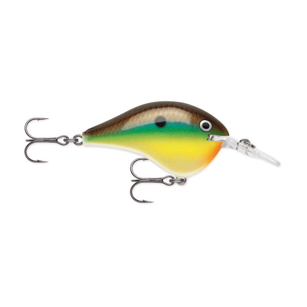The Rapala DT Series Crankbaits, by Rapala, is a balsa wood fishing lure shaped like a fish and colored in green, yellow, and orange. It features dual three-pronged hooks and a clear plastic lip for diving. This crankbait excellently mimics a small baitfish.