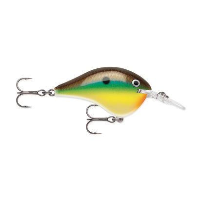 The Rapala DT Series Crankbaits, by Rapala, is a balsa wood fishing lure shaped like a fish and colored in green, yellow, and orange. It features dual three-pronged hooks and a clear plastic lip for diving. This crankbait excellently mimics a small baitfish.