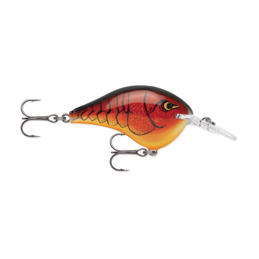 The Rapala DT Series Crankbaits by Rapala is crafted for precision, featuring a red and orange scale-patterned body with a lifelike fisheye, two treble hooks, and a transparent lip to expertly target the strike zone.