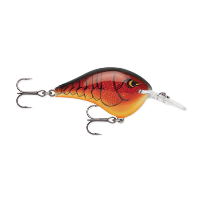 The Rapala DT Series Crankbaits by Rapala is crafted for precision, featuring a red and orange scale-patterned body with a lifelike fisheye, two treble hooks, and a transparent lip to expertly target the strike zone.