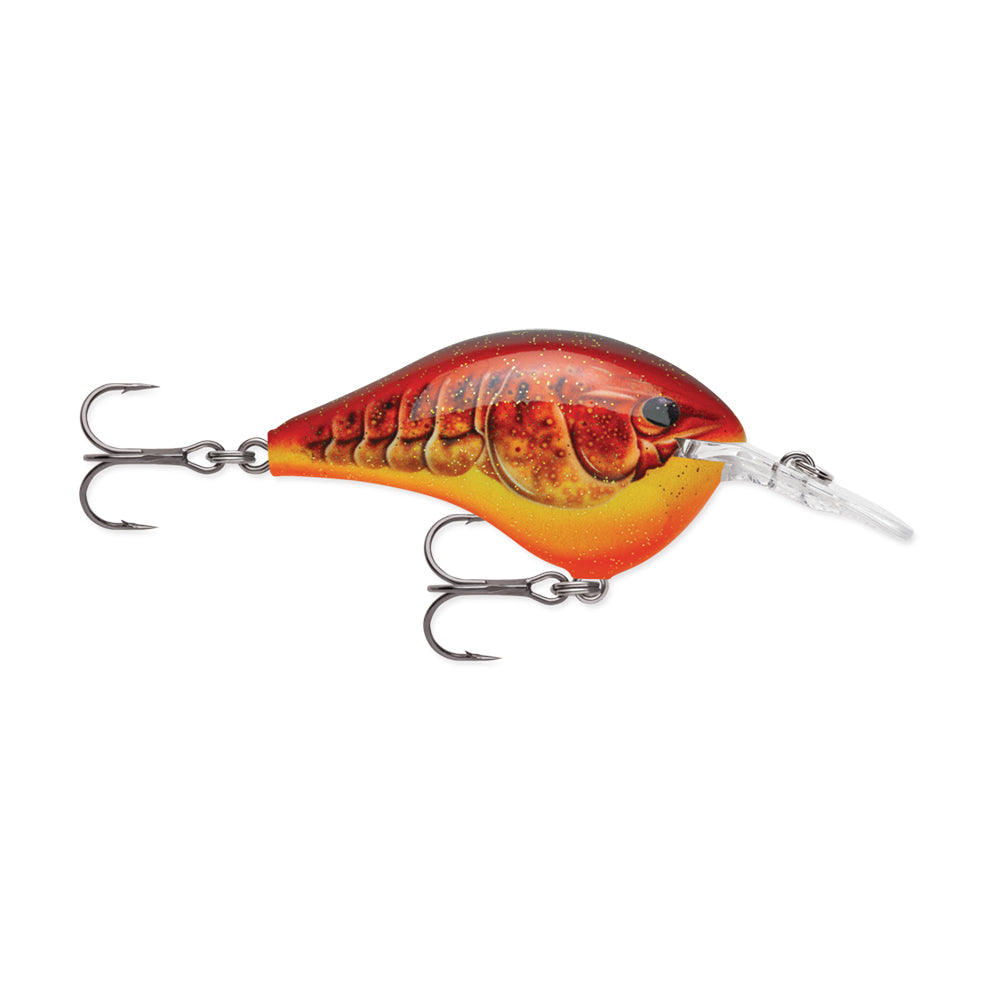 The Rapala DT Series Crankbait is a vibrant balsa wood lure designed to mimic a fish or crawfish with a red-orange textured surface. It features two treble hooks and a clear lip for precise action, making it perfect for effective crankbait fishing.