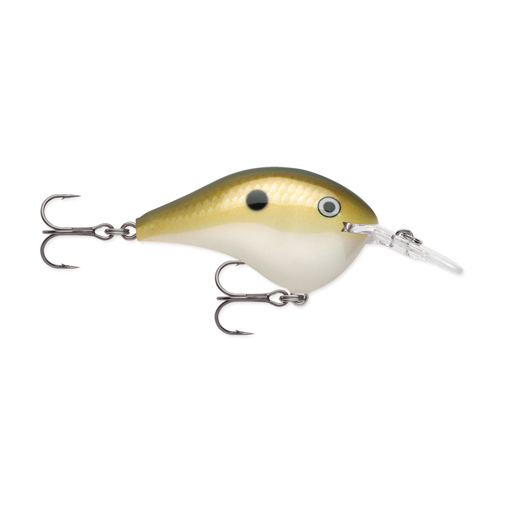 The Rapala DT Series Crankbaits by Rapala features a gold and white minnow-like body, realistic eye, scale pattern, and two treble hooks. Its clear plastic lip enables effective diving action for targeting the strike zone successfully.