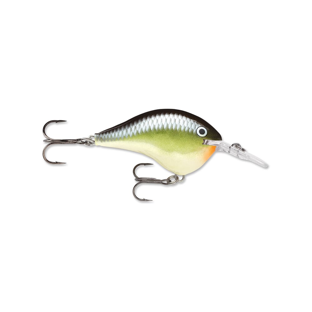 The Rapala DT Series Crankbaits, from the brand Rapala, showcase a green to yellow gradient body with a black back and an orange underbelly. Made from balsa wood, this lure enhances its crankbait action with two treble hooks and a clear plastic lip for accurate diving.
