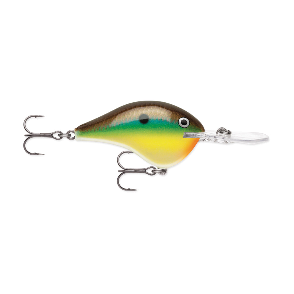 The Rapala DT Series Crankbaits is a multicolored, fish-shaped fishing lure featuring shades of yellow, green, and brown. Expertly crafted from balsa wood, it includes a clear plastic lip and two treble hooks to attract predators in the strike zone.