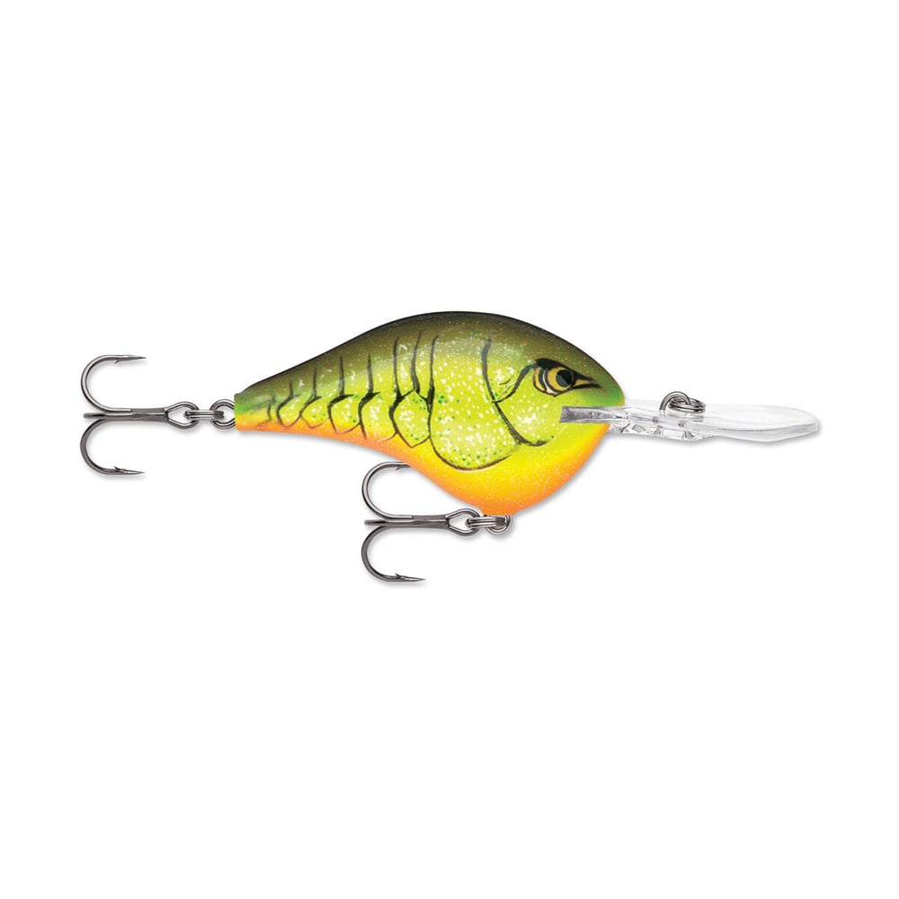 This Rapala DT Series Crankbait from Rapala features a vibrant design with green and yellow hues, realistic fish patterns, and crankbait action. It's crafted from balsa wood and includes two treble hooks along with a transparent bill at the front.