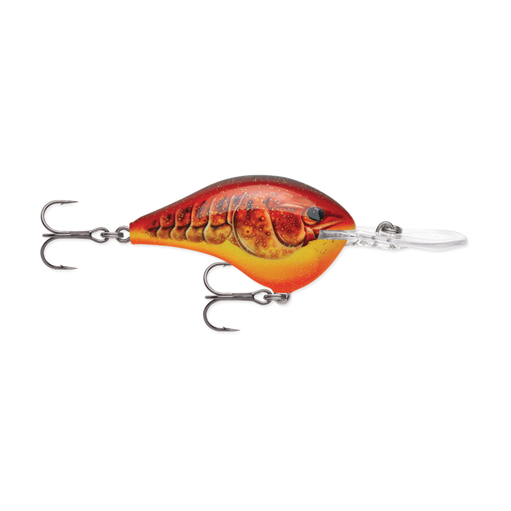 The Rapala DT Series Crankbaits by Rapala feature a fish-shaped design in vibrant red and orange with a clear plastic lip, equipped with treble hooks at the bottom and tail, ideal for serious anglers seeking effective crankbaits.