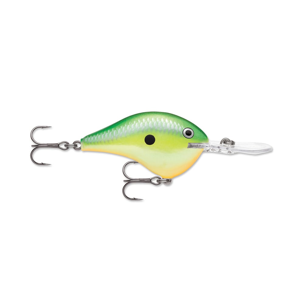 The Rapala DT Series Crankbaits, designed with a green and yellow body and a black dot near the head, feature two treble hooks and a clear plastic lip for diving. Inspired by their namesake series from Rapala, they promise irresistible crankbait action in the water.