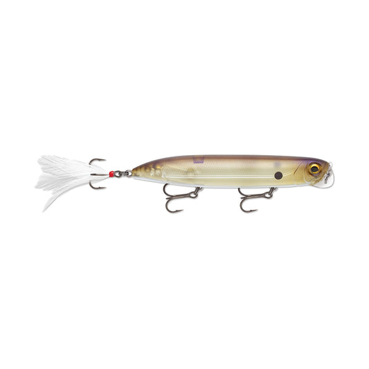 The Rapala PXR Jowler 127 is a realistic, fish-shaped topwater lure with a shiny light brown and silver body, two treble hooks underneath, and a feathered tail on the third hook.