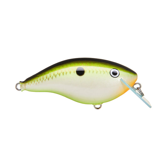 The Rapala OG Big Rocco 6 Crankbait by Rapala is a colorful balsa fishing lure shaped like a small fish, with a green and yellow body, black spot near the eye, and a circuit board lip for diving action.