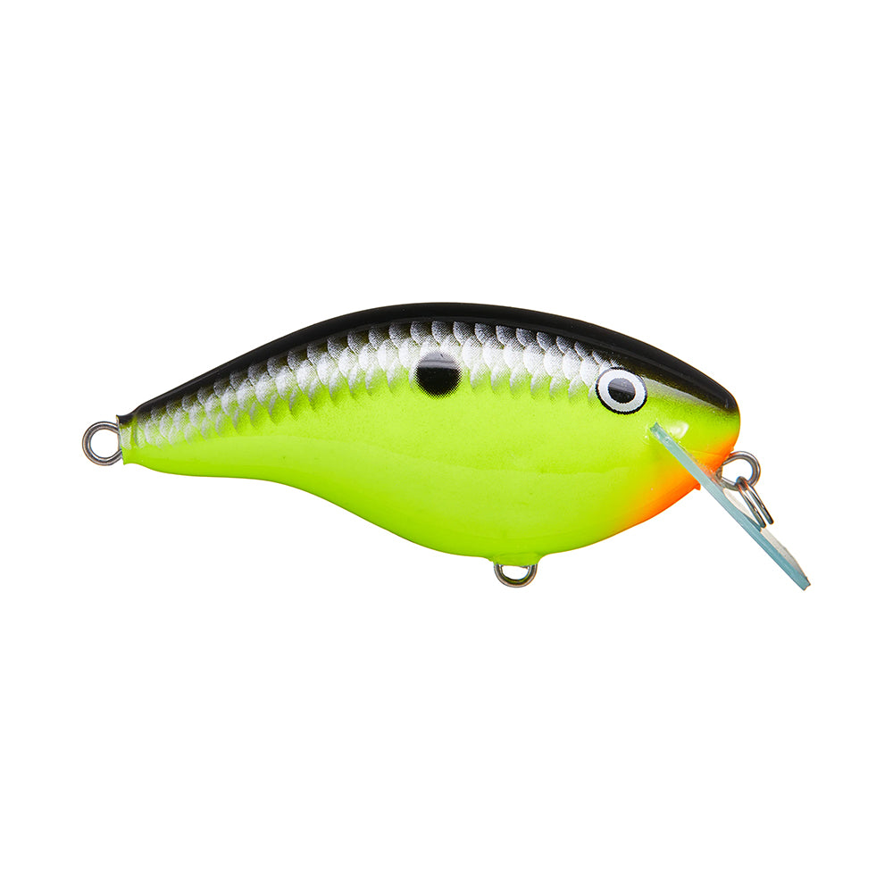 The Rapala OG Big Rocco 6 Crankbait features a silver and black scaled top, neon yellow-green body, orange spot near the mouth, and a circuit board lip for precise diving, inspired by classic balsa bait designs.