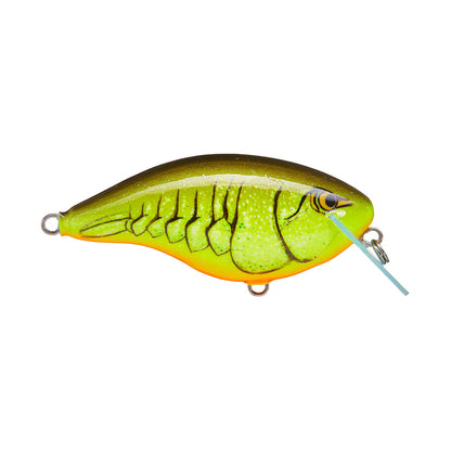 The Rapala OG Big Rocco 6 Crankbait by Rapala is a brightly colored lure shaped like a small fish, featuring green and yellow hues with black markings, a realistic eye, and a circuit board lip for precise diving.