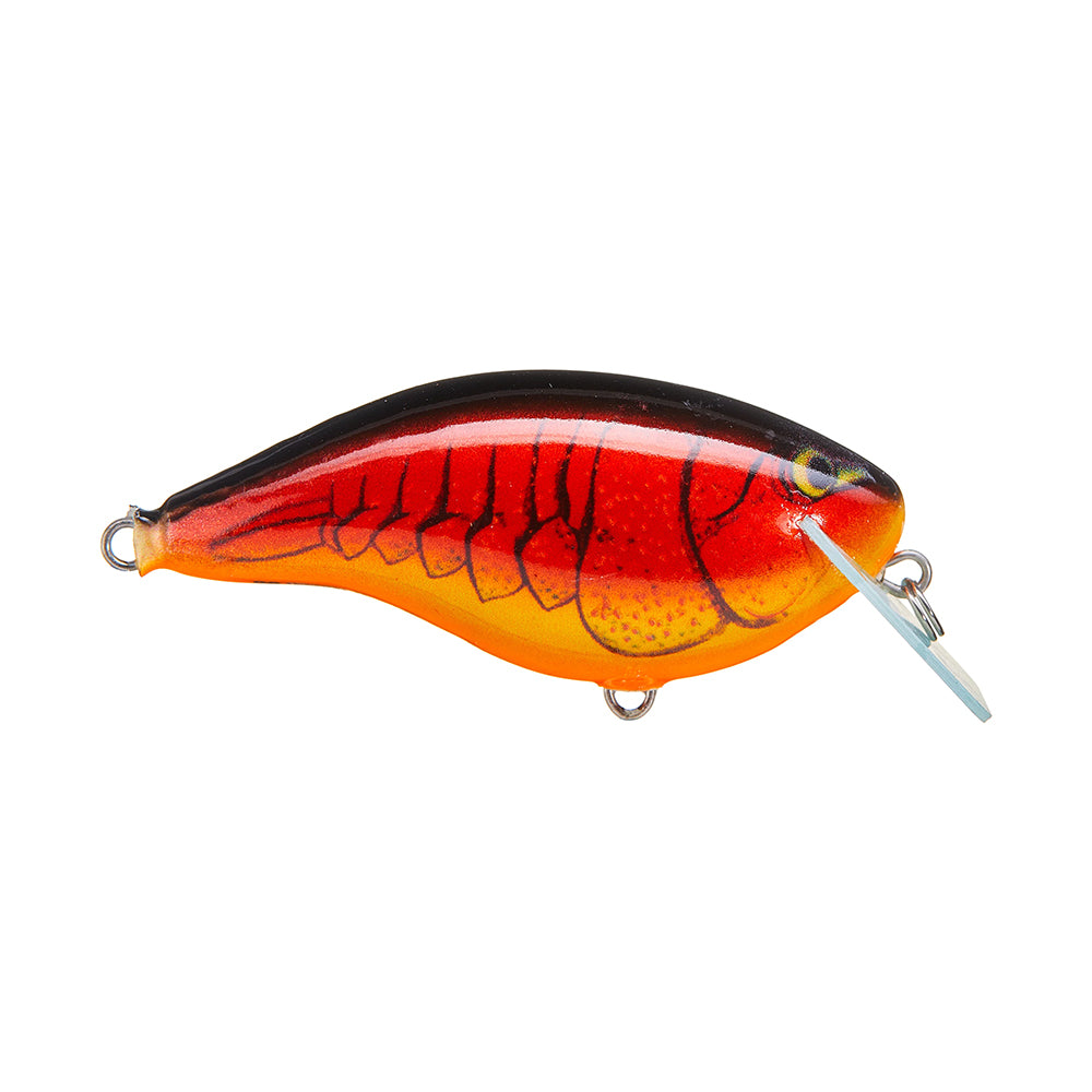 The Rapala OG Big Rocco 6 Crankbait by Rapala is a brightly colored lure with a red and orange body, black stripes, and a circuit board lip, designed to mimic small fish or insects.