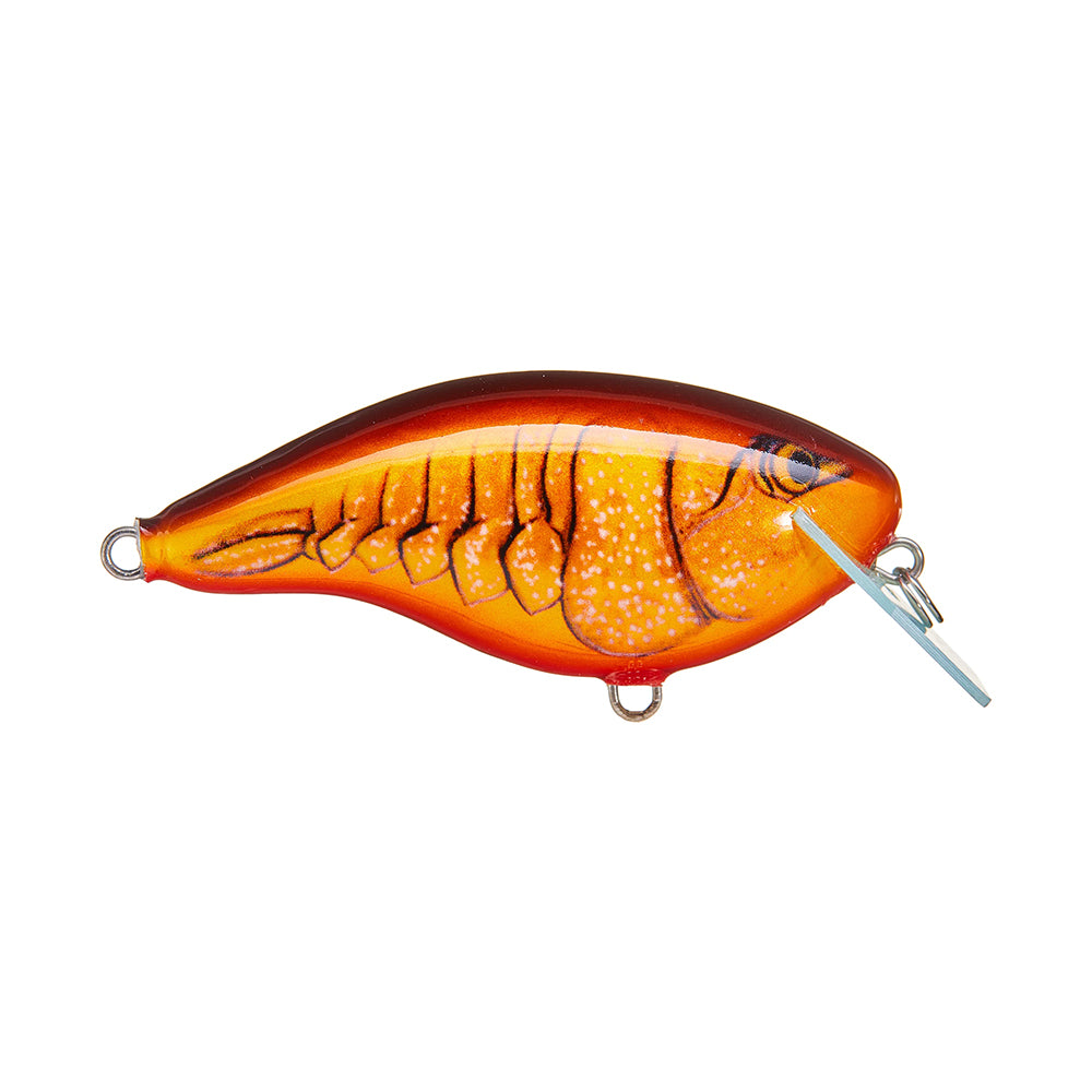 The Rapala OG Big Rocco 6 Crankbait by Rapala is a fish-shaped, orange and red lure with black accents, a clear circuit board lip for diving, and metal rings on each end, inspired by classic designs.