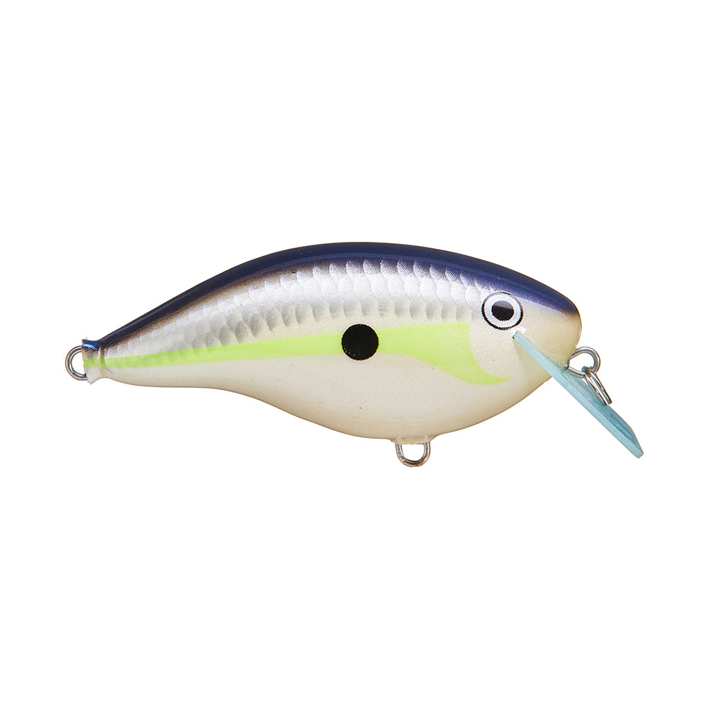The Rapala OG Big Rocco 6 Crankbait by Rapala is a fishing lure with a blue and silver back, greenish accents, a black center dot, and a translucent blue plastic circuit board lip for diving.