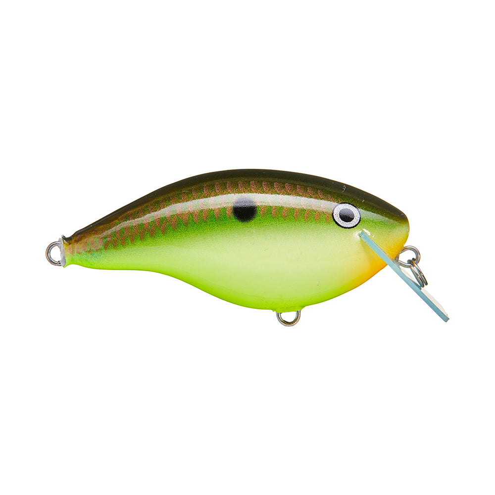 The Rapala OG Big Rocco 6 Crankbait is a balsa lure featuring green and yellow fish-like colors, a small fin, black spot, detailed markings, and a clear circuit board lip for deep dives.