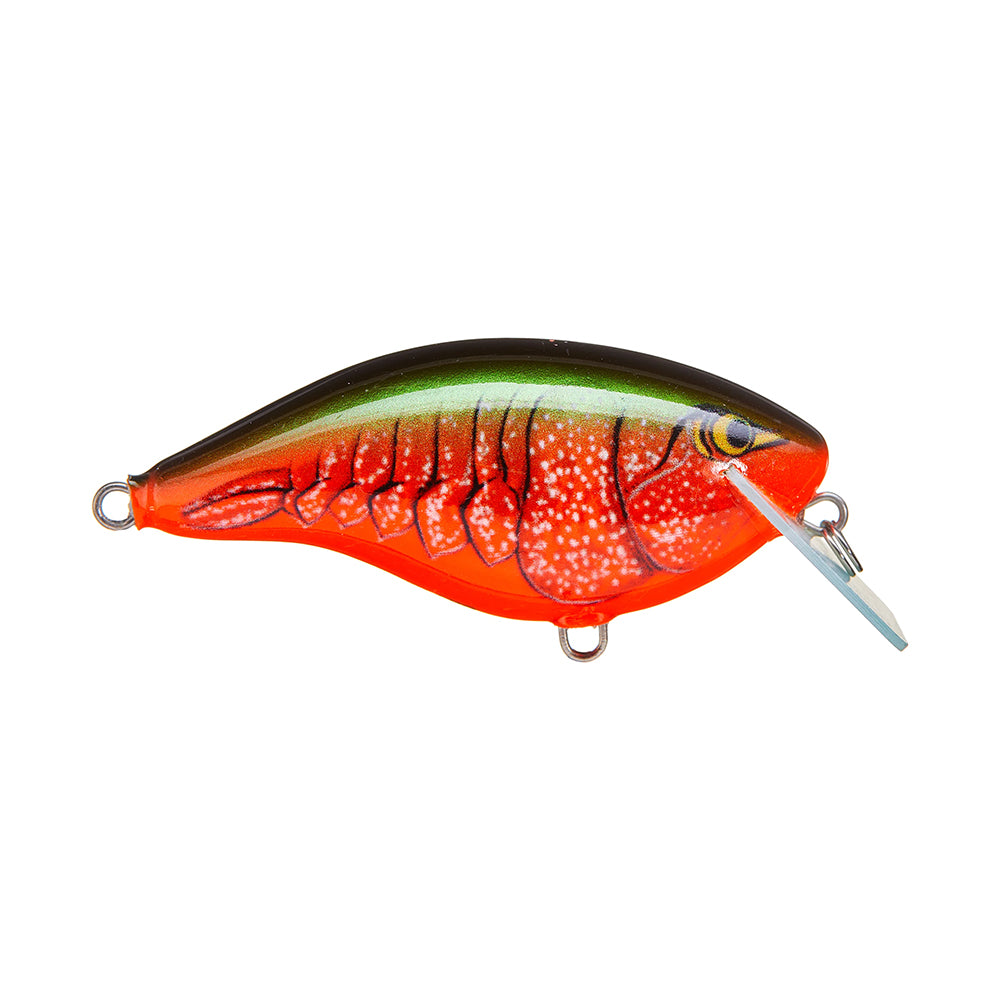 The Rapala OG Big Rocco 6 Crankbait by Rapala is shaped like a small fish with a red and orange painted body, black top, green stripe, scale details, a single eye, and a clear circuit board lip at the front.