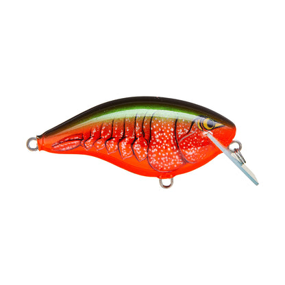 The Rapala OG Big Rocco 6 Crankbait by Rapala is shaped like a small fish with a red and orange painted body, black top, green stripe, scale details, a single eye, and a clear circuit board lip at the front.