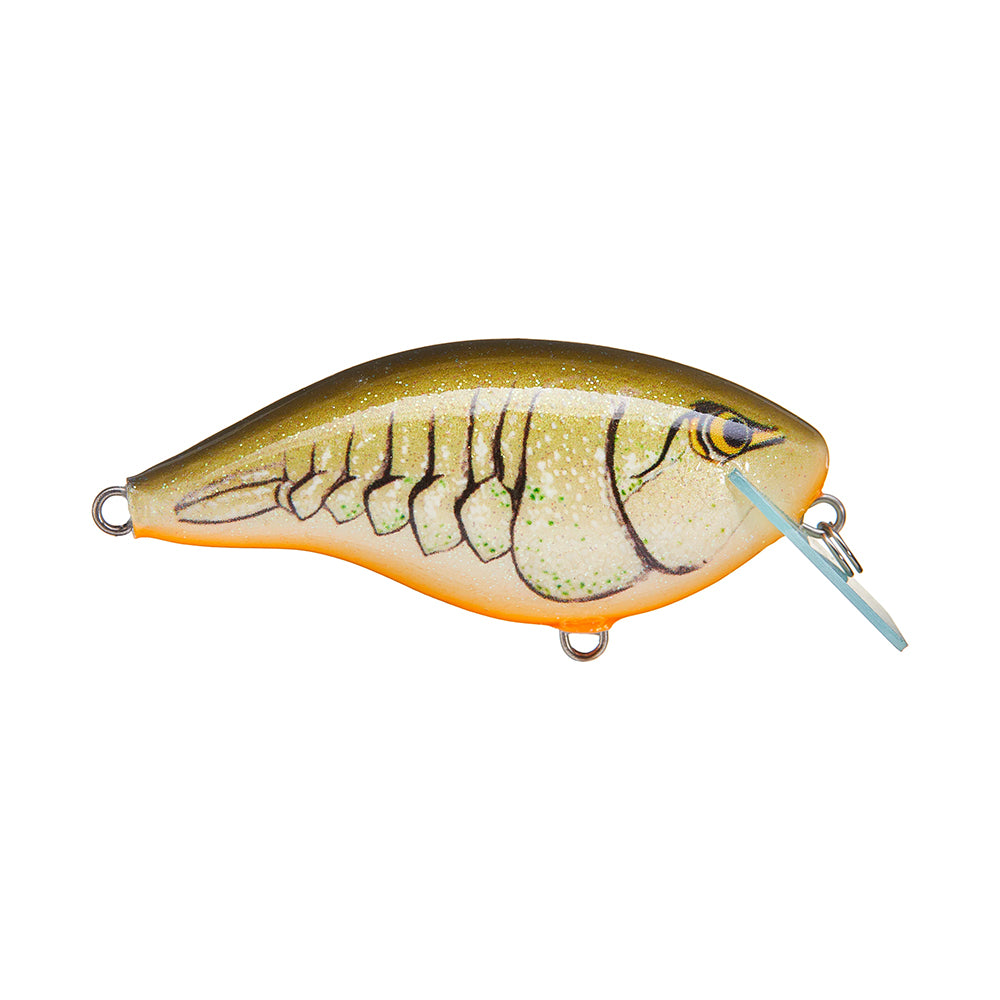 The Rapala OG Big Rocco 6 Crankbait by Rapala is a balsa fishing lure shaped like a small fish, featuring a green and yellow body with an orange underside, black scale pattern, and a clear circuit board diving lip.