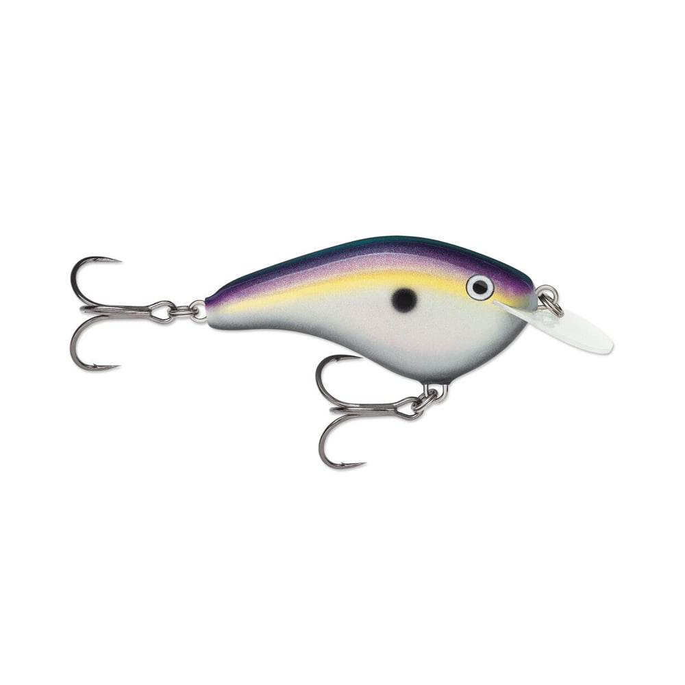 The Rapala OG Slim 6 Crankbait by Rapala features a curved body, black dot detail, two treble hooks, clear bill, and realistic fish-eye design in vibrant purple, white, yellow, and blue shades—ideal for bass fishing.