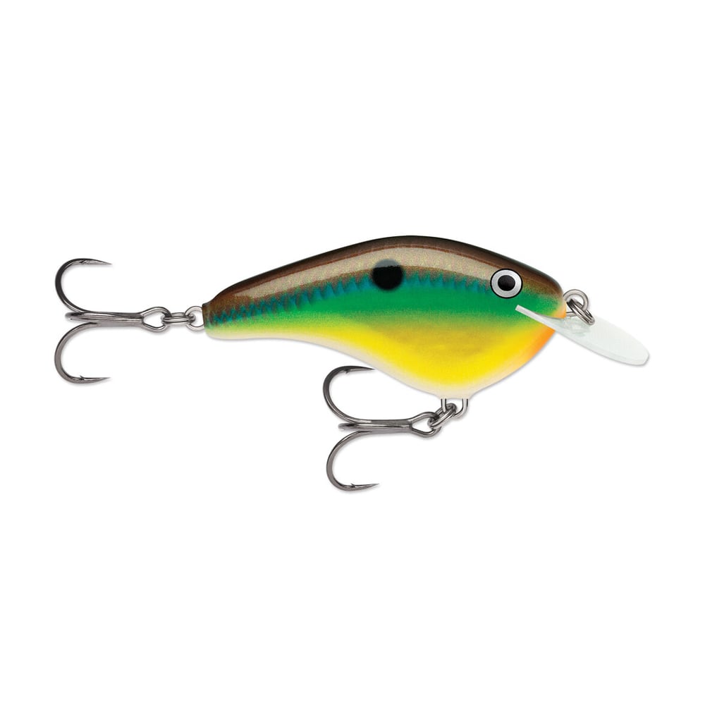 The Rapala OG Slim 6 Crankbait by Rapala features a green and yellow balsa body, white underside, black tail dot, clear plastic lip, and two treble hooks—ideal for bass fishing.