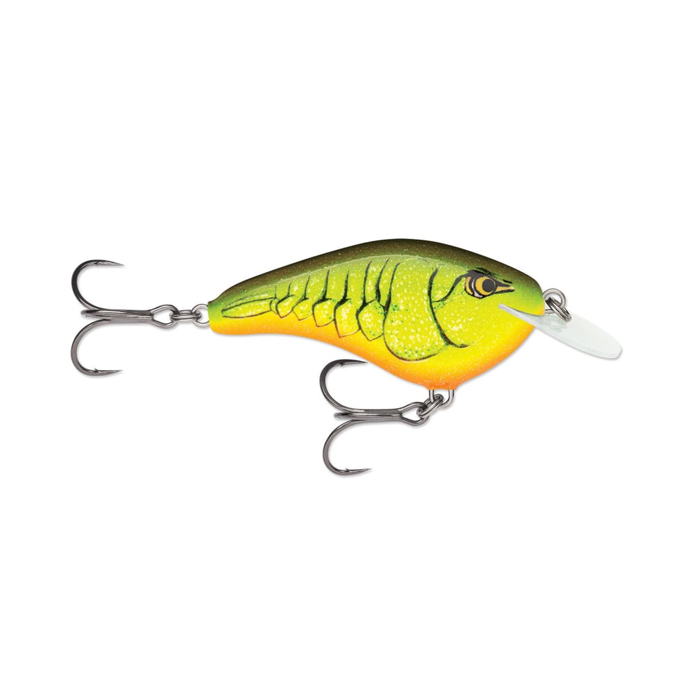 The Rapala OG Slim 6 Crankbait by Rapala is a vibrant bass lure with a green-yellow body, orange belly, two treble hooks, and a white front lip—ideal for enticing fish strikes.