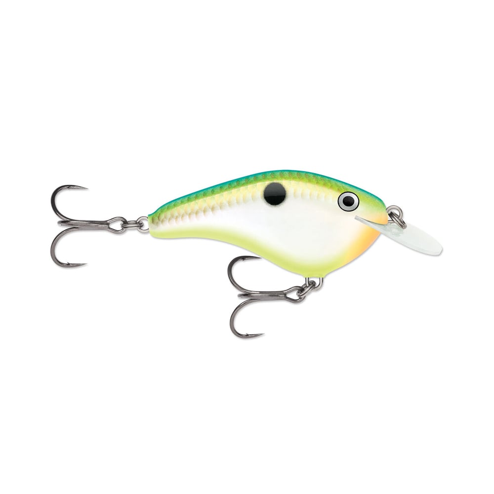 The Rapala OG Slim 6 Crankbait by Rapala is a balsa lure with a green-yellow back, light belly, black spot near the head, two treble hooks, and a clear diving lip—perfect for bass fishing.