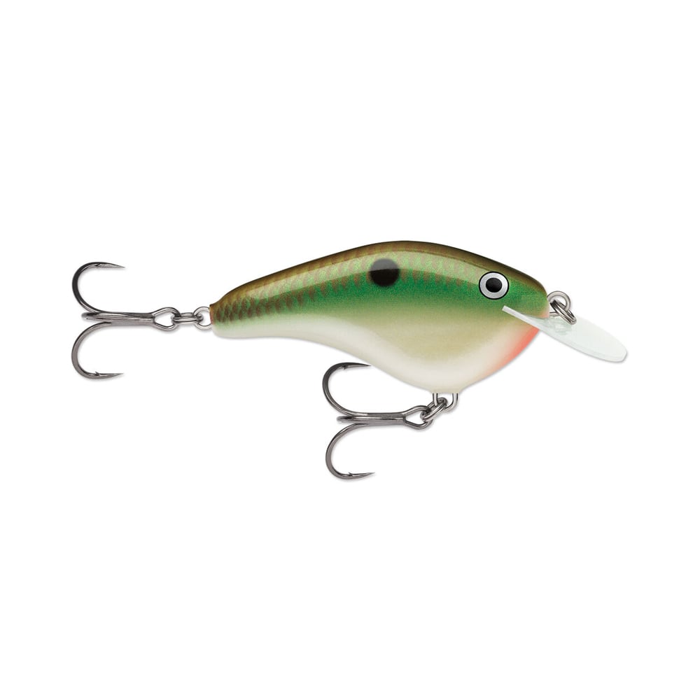 The Rapala OG Slim 6 Crankbait by Rapala is a balsa lure with a green, brown, and white body, transparent diving lip, two treble hooks, lifelike black eye, and a touch of red near the mouth for bass fishing.