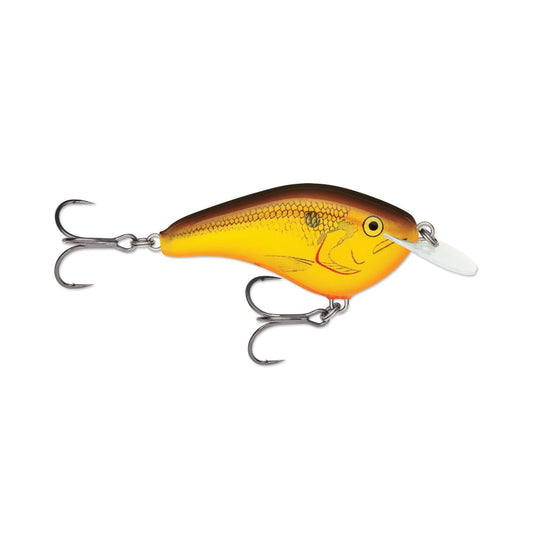 The Rapala OG Slim 6 Crankbait by Rapala features a small fish shape, yellow-orange body, dark back, two treble hooks, and a clear plastic diving bill—ideal for bass fishing.