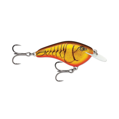 The Rapala OG Slim 6 Crankbait by Rapala is a brightly colored, fish-shaped balsa lure with orange, yellow, and black patterns, two treble hooks, and a white plastic diving lip—ideal for bass fishing.