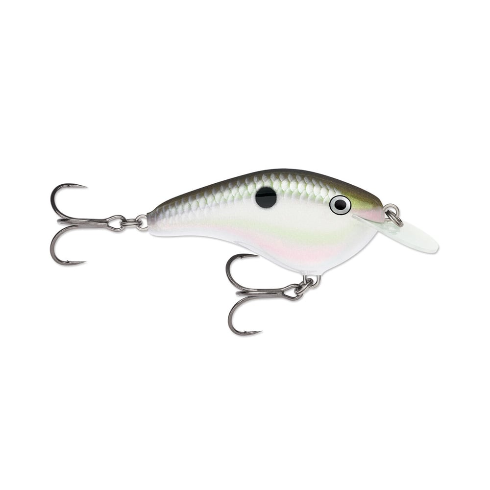 The Rapala OG Slim 6 Crankbait by Rapala is a realistic, fish-shaped bass lure with two treble hooks, a white and gray scaled body, translucent plastic lip, and a black dot near the fin.