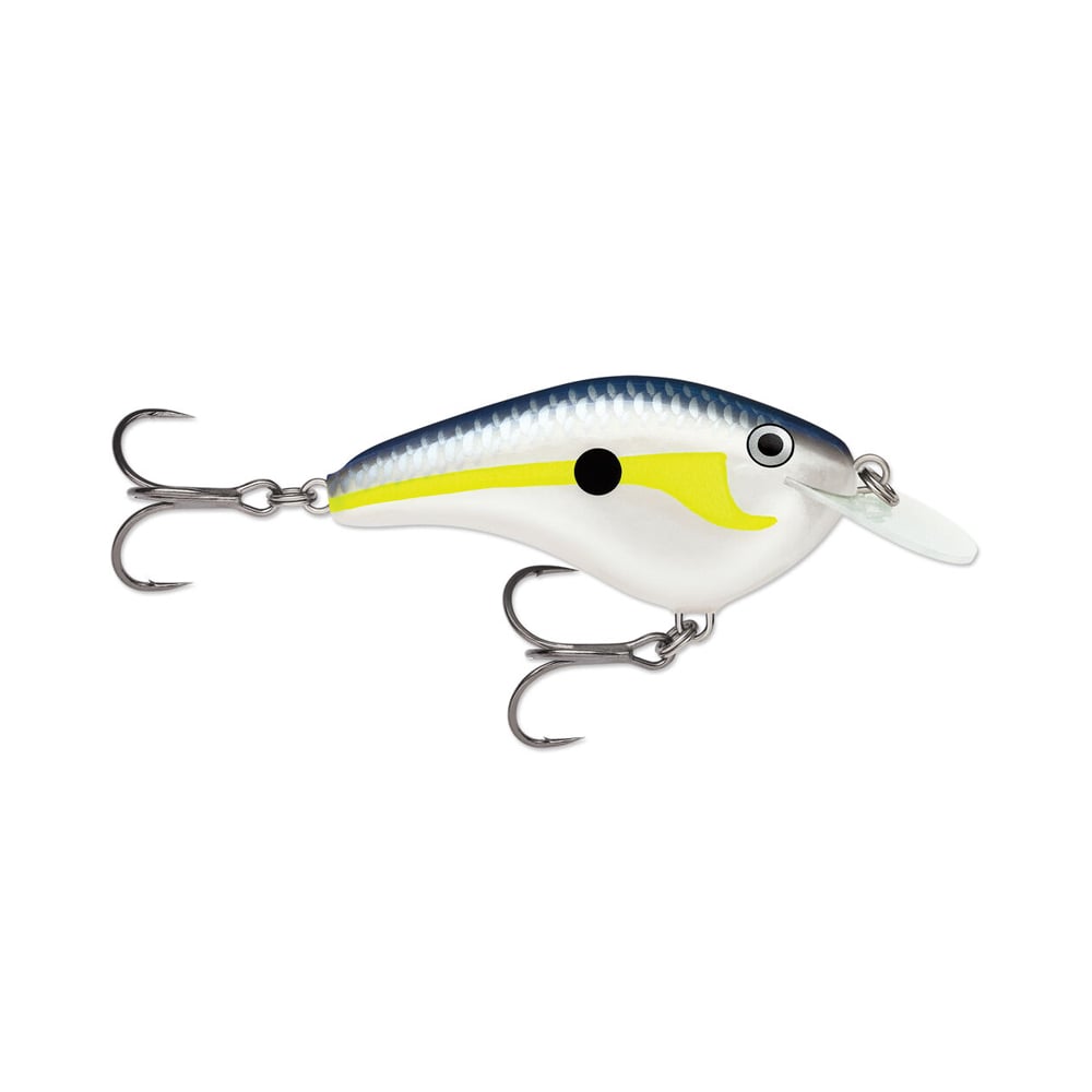 The Rapala OG Slim 6 Crankbait by Rapala is a balsa lure shaped like a small fish, with a blue back, silver sides, yellow stripe, and black dot. It features two treble hooks and a clear plastic lip for diving when bass fishing.