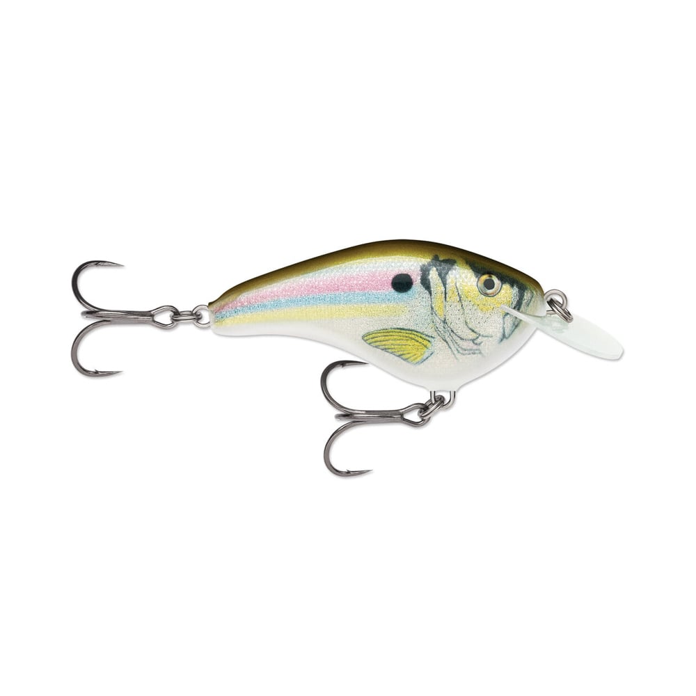 The Rapala OG Slim 6 Crankbait by Rapala features a balsa fish-shaped body with a painted finish, two treble hooks, white belly, greenish-brown back, pink side stripe, and clear bill—perfect for bass fishing.