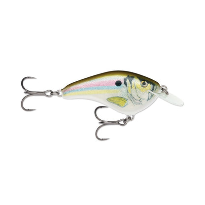 The Rapala OG Slim 6 Crankbait by Rapala features a balsa fish-shaped body with a painted finish, two treble hooks, white belly, greenish-brown back, pink side stripe, and clear bill—perfect for bass fishing.