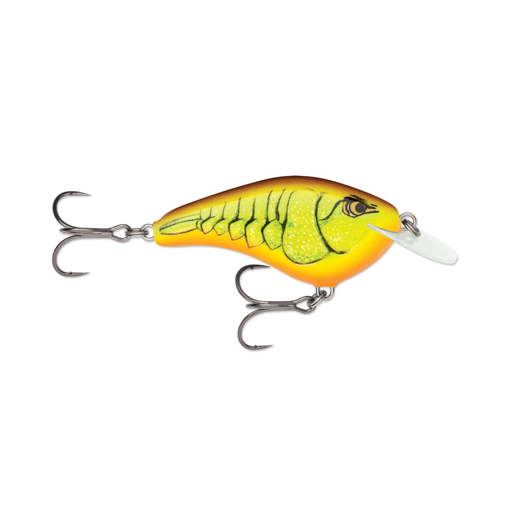 The Rapala OG Slim 6 Crankbait by Rapala is a yellow and green fish-shaped balsa lure with two treble hooks and a white diving lip—perfect for bass fishing.