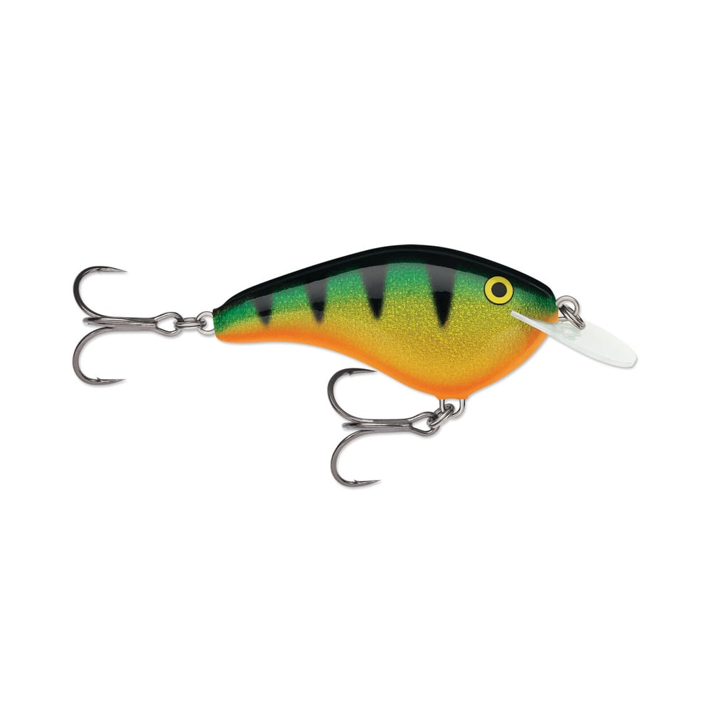 The Rapala OG Slim 6 Crankbait by Rapala features a vibrant green-yellow body with black stripes, white underbelly, dual treble hooks, and a plastic diving lip—ideal for catching big fish.