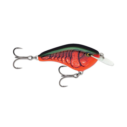 The Rapala OG Slim 6 Crankbait by Rapala is a vibrant balsa lure shaped like a small fish, with red and black details, segmented body patterns, a white plastic lip, and two treble hooks—ideal for bass fishing.