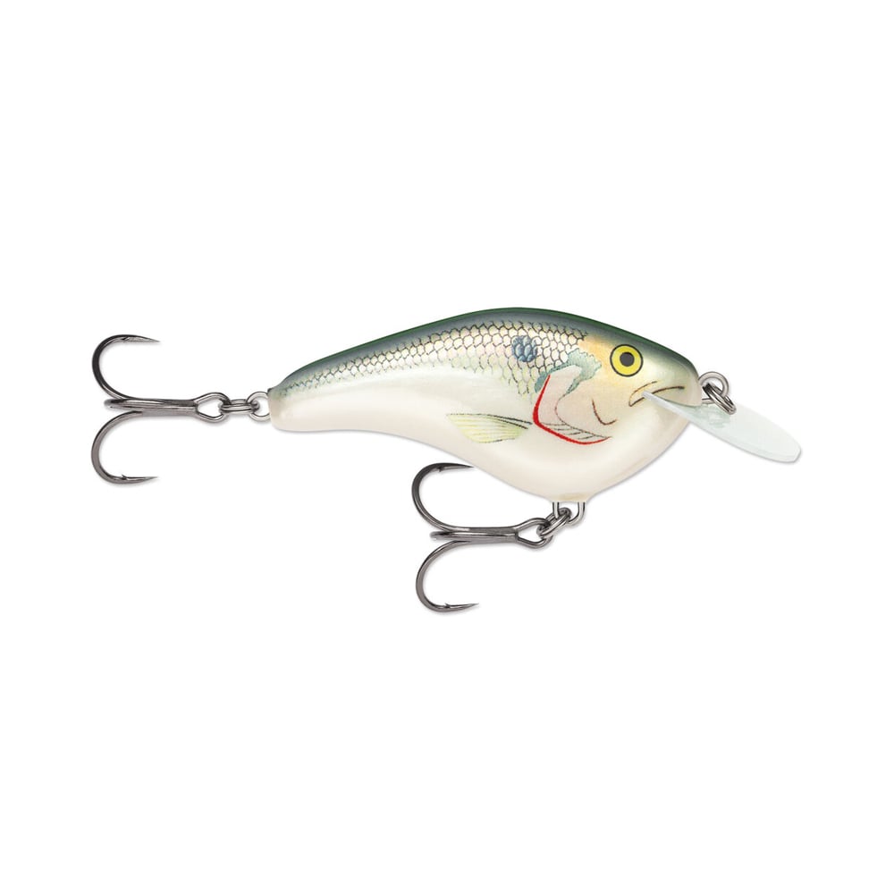 The Rapala OG Slim 6 Crankbait by Rapala is a balsa lure with a white belly, green back, silver scales, two treble hooks, and a clear plastic lip—ideal for bass fishing.